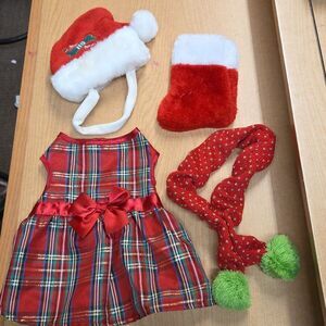 Xs Christmas puppy dress,‎ scarf, Hat And Stocking